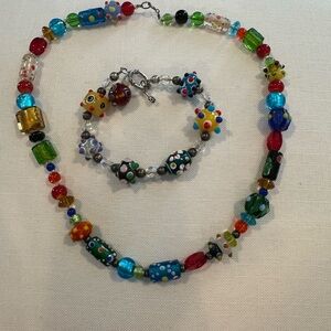Stunning Vintage Glass Bead 19" Necklace and 8" Bracelet Set - Multicolor